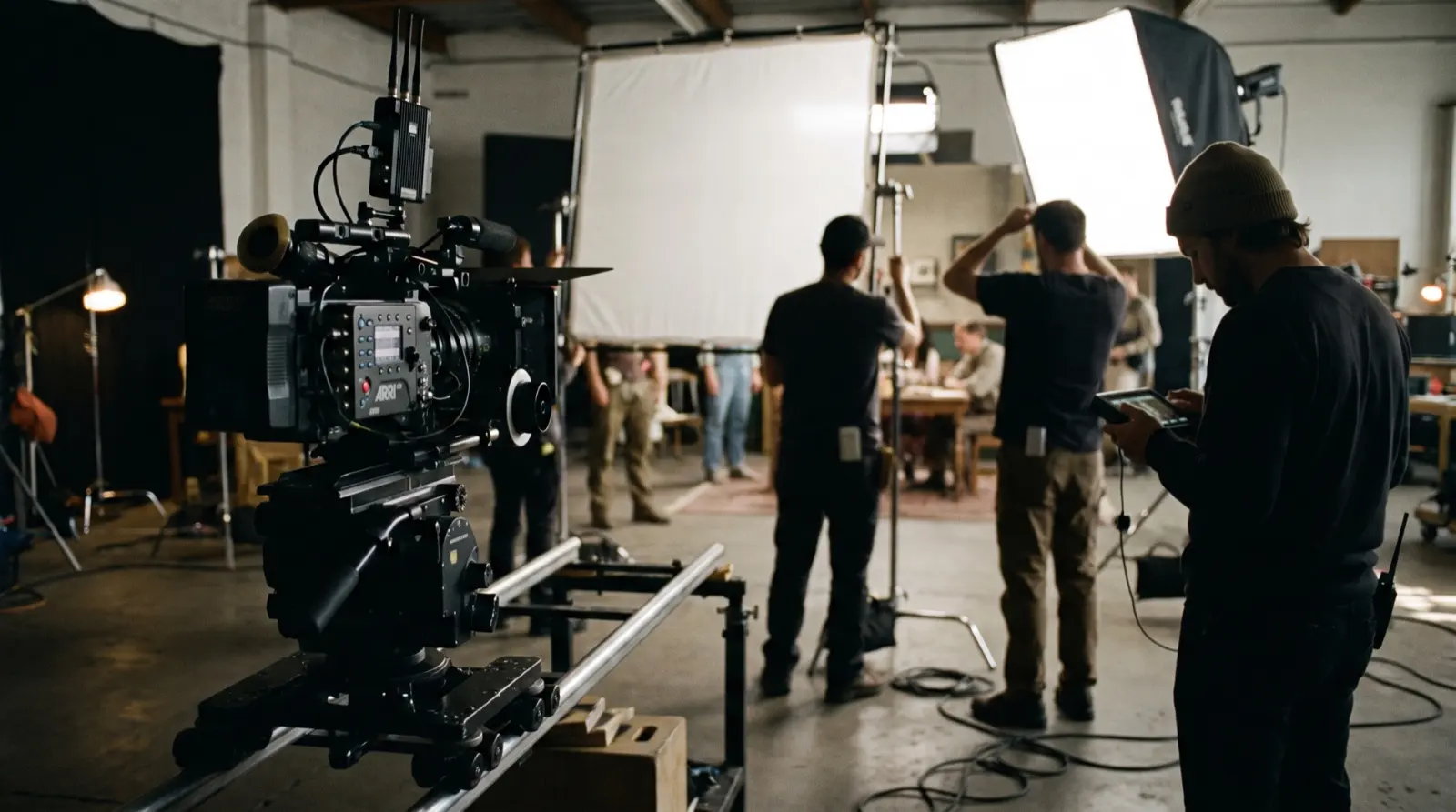 Cinema camera on a dolly during a studio shoot