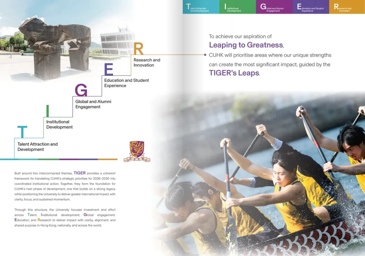 Booklet spread introducing the five TIGER priorities, with colour-coded headings and a dragon-boat photograph