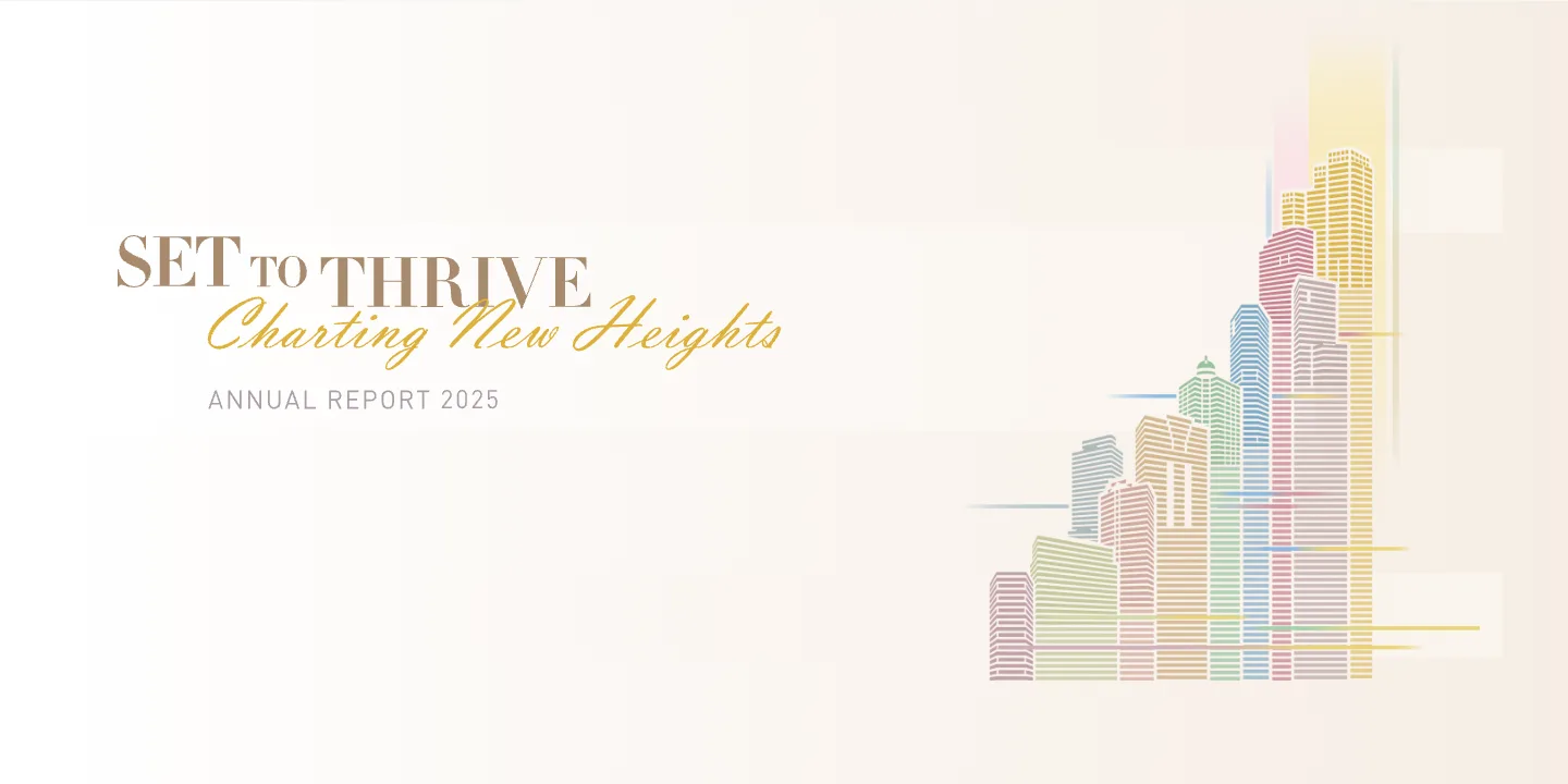Hysan Annual Report 2025 website opening screen: “Set to Thrive – Charting New Heights” with an illustrated skyline