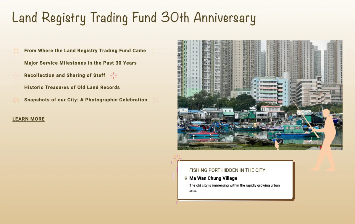Anniversary chapter on the report website, with a photograph of Ma Wan Chung Village and a fisherman silhouette