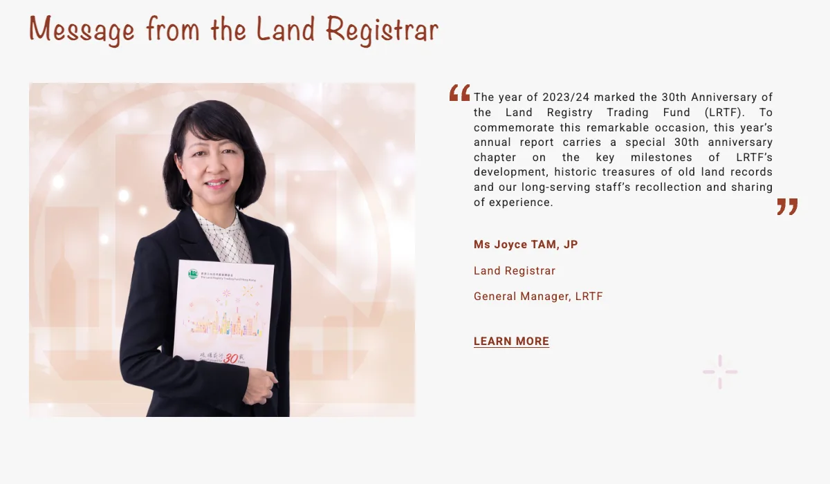 Message from the Land Registrar section, showing the Land Registrar holding the printed anniversary report