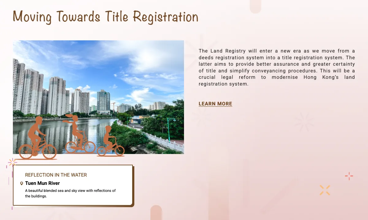 Moving Towards Title Registration section of the report website, with a Tuen Mun River photograph and cyclist silhouettes