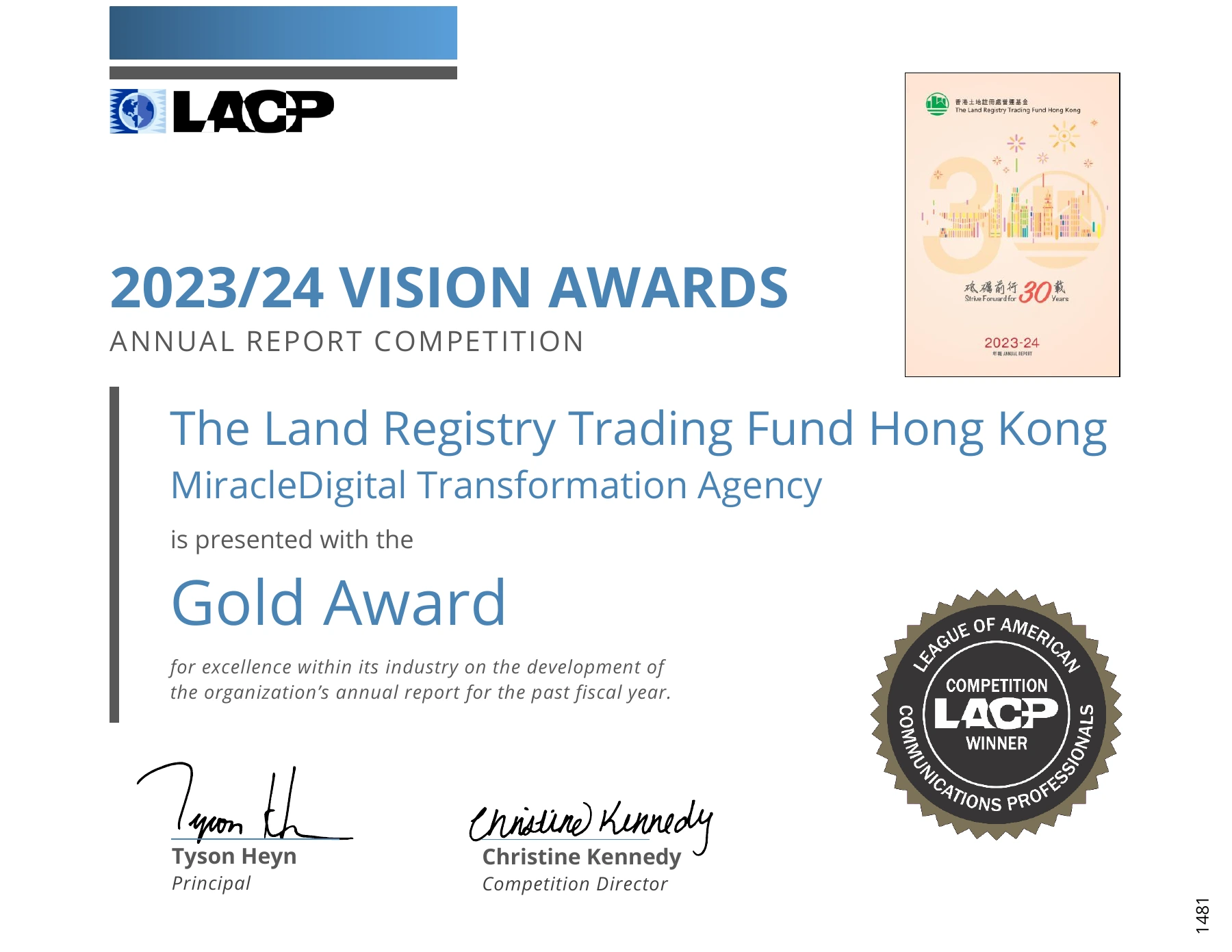 Gold Award certificate for The Land Registry Trading Fund Hong Kong and MiracleDigital Transformation Agency, 2023/24 LACP Vision Awards