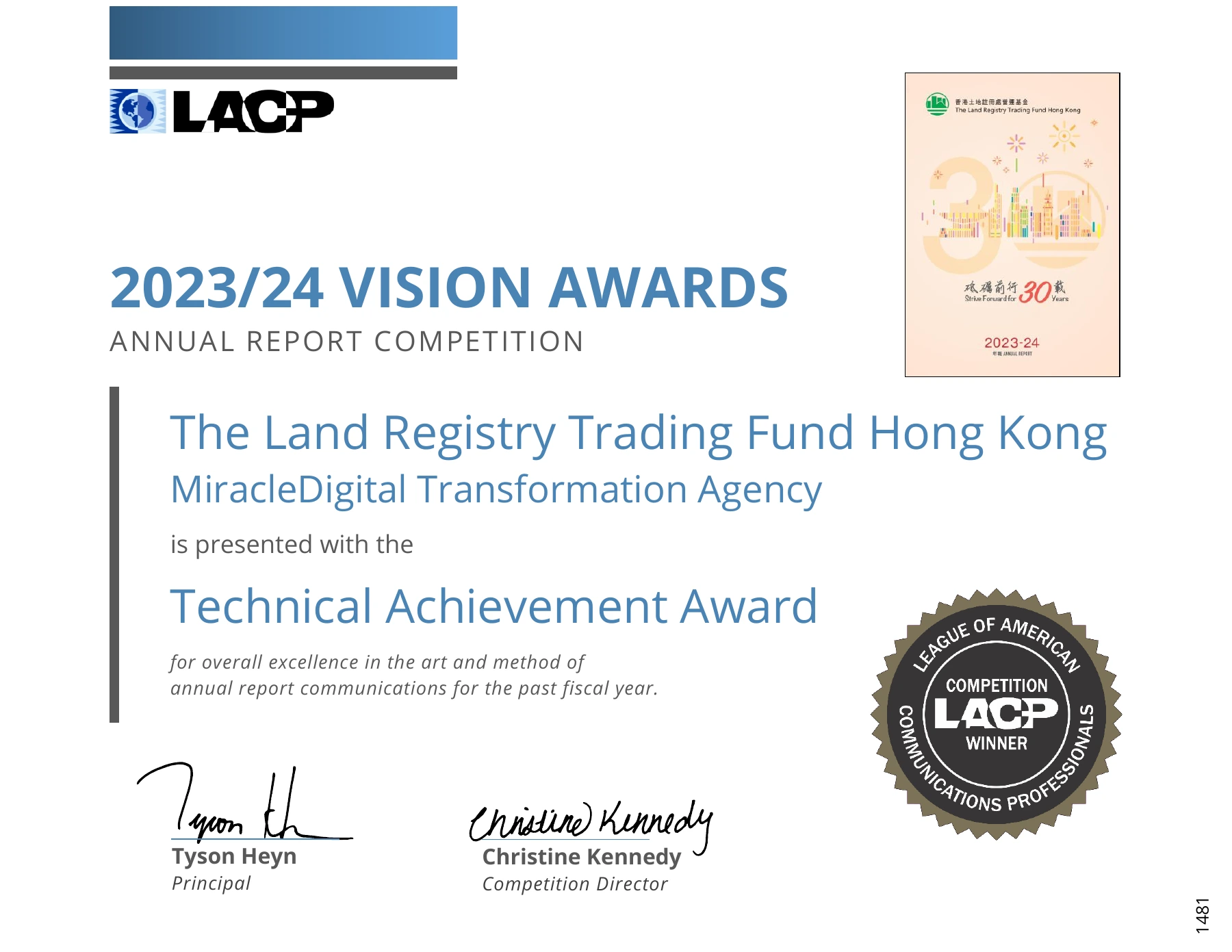 Technical Achievement Award certificate for The Land Registry Trading Fund Hong Kong and MiracleDigital Transformation Agency, 2023/24 LACP Vision Awards