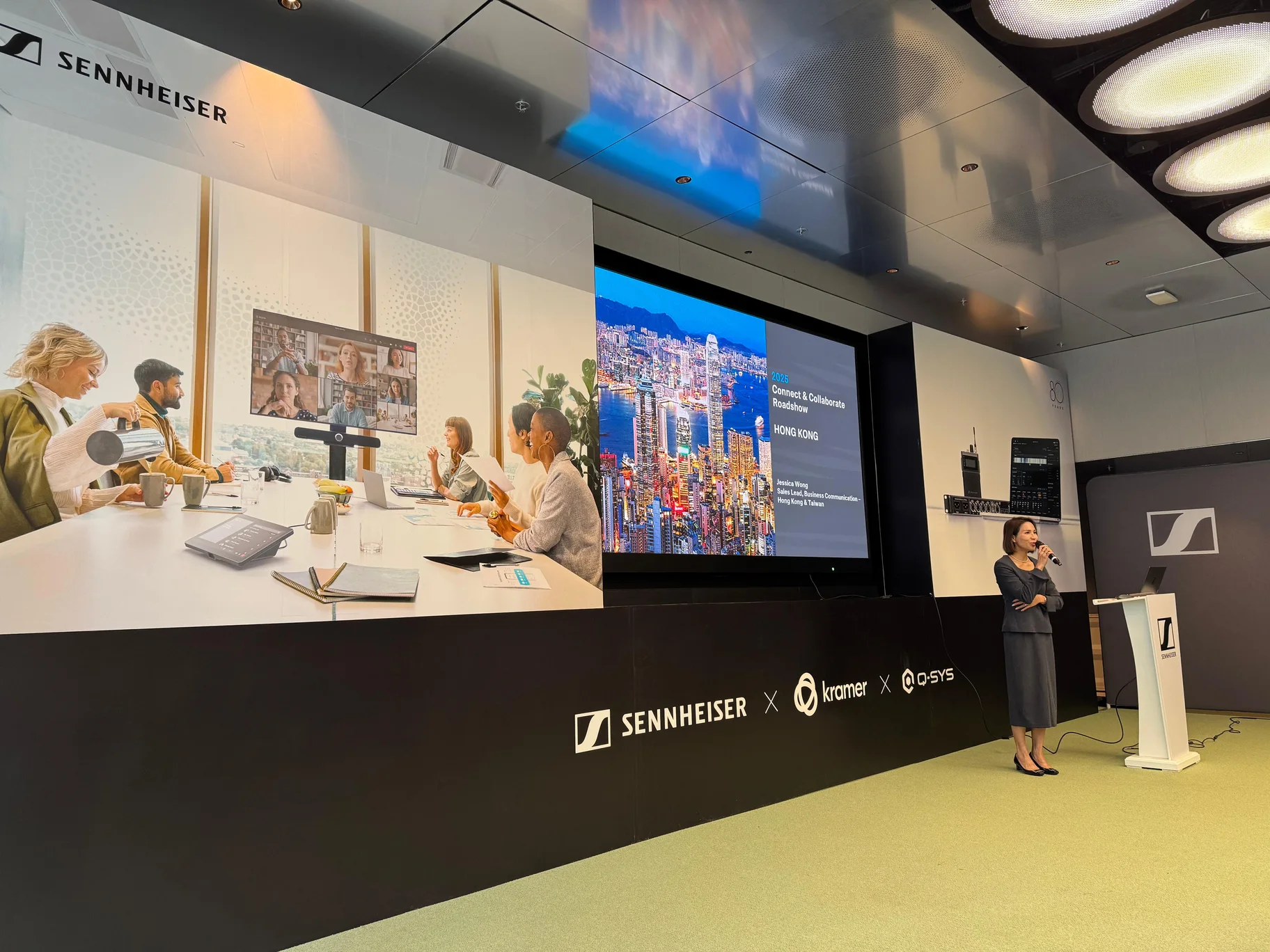Speaker presenting at the Sennheiser Connect and Collaborate Roadshow in Hong Kong