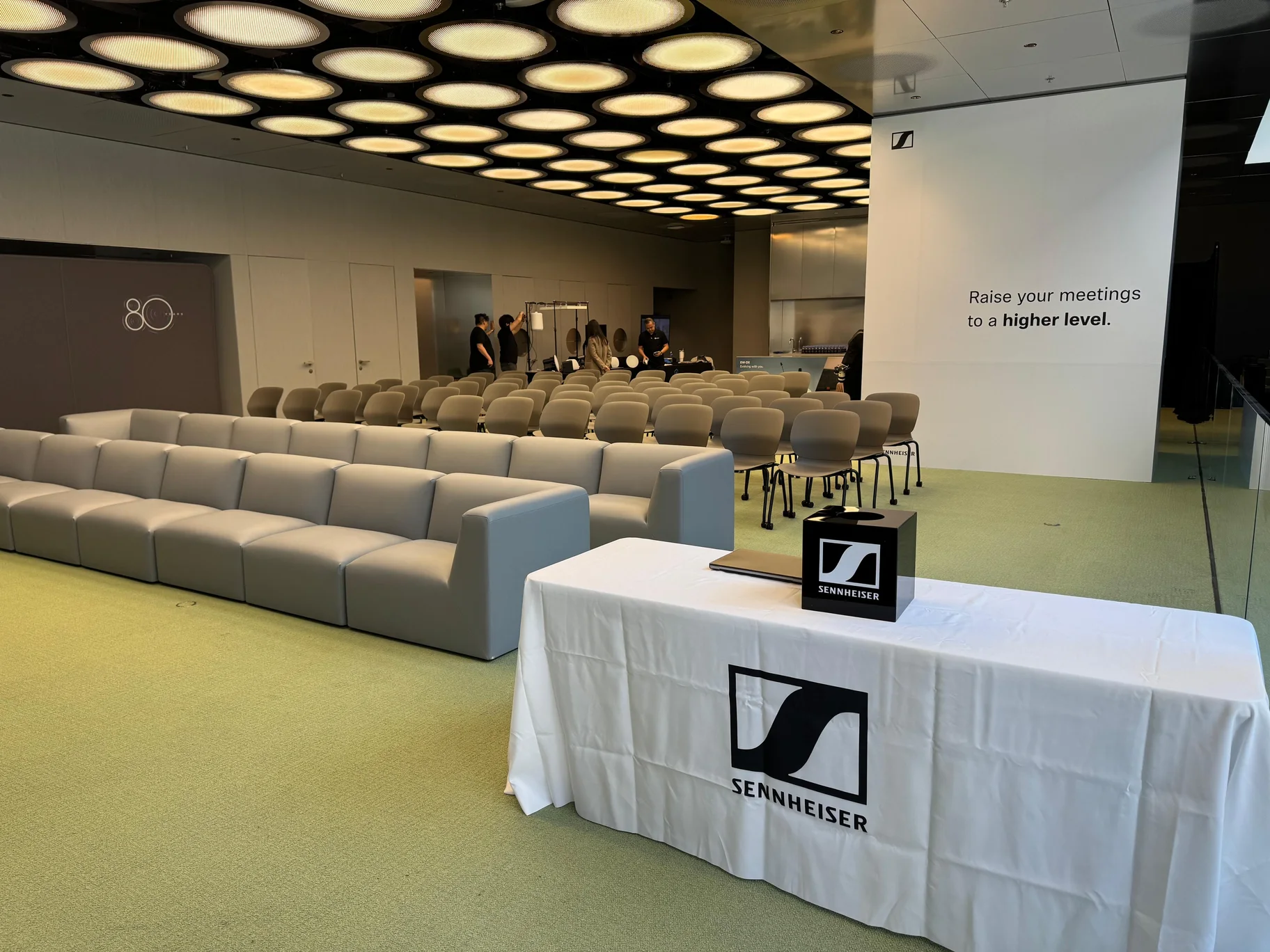 Sennheiser welcome desk and seating prepared before the roadshow