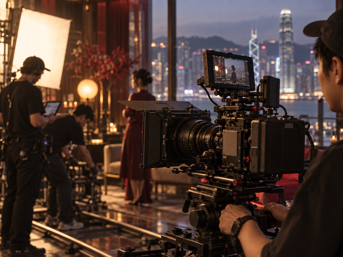 Film crew working with a cinema camera on a Hong Kong production set