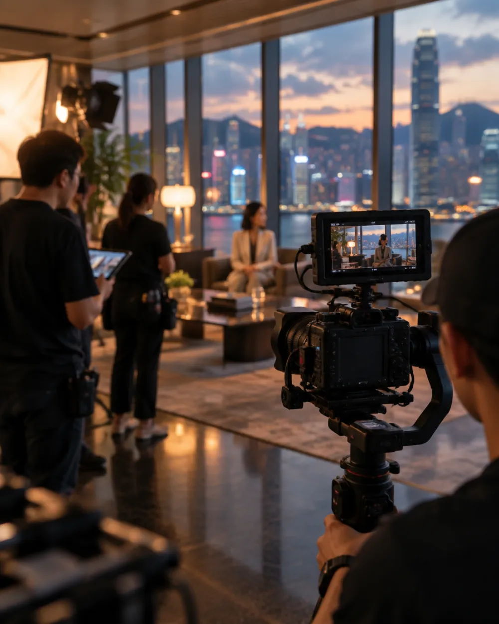 Film crew working with a cinema camera on a Hong Kong production set