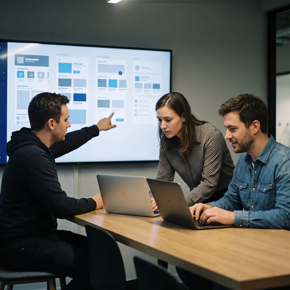 Developers reviewing app screens on a wall display