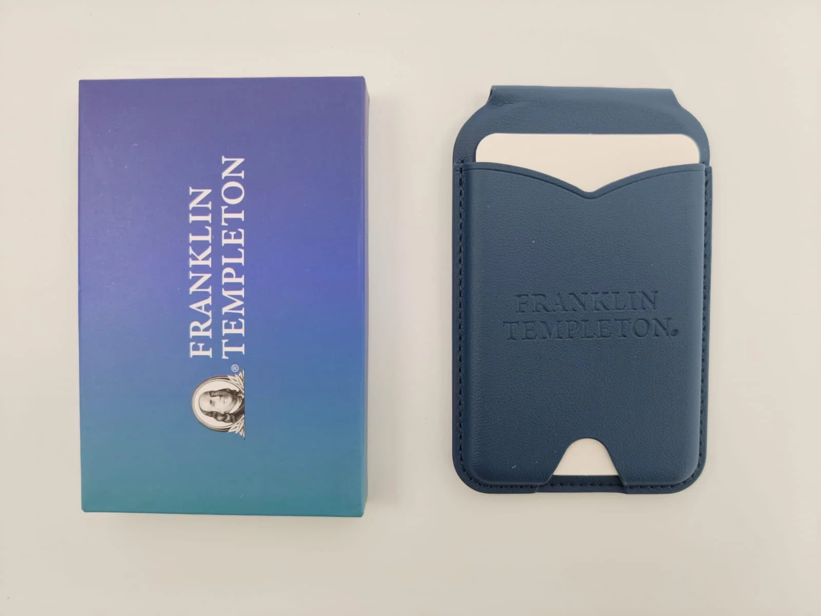 Franklin Templeton embossed card holder alongside its branded packaging