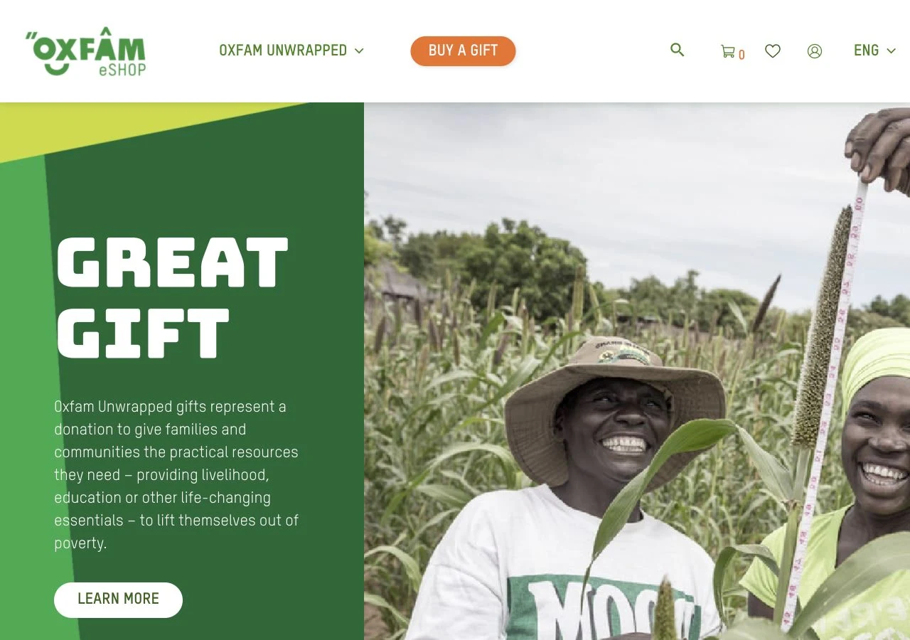Oxfam Hong Kong eShop desktop homepage with the Oxfam logo, gift navigation and Great Gift introduction.